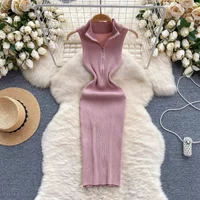2024 Pink Sexy Zipper Summer Knit Strap Dress Women Tank Elatic Waist Bodycon Sundress Female Beach Sleeveless Mini Dress