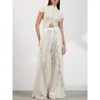 White Lace Embroidery Pant Suit Women Stand Neck Sleeveless Hollow-out Waist Cinching See Through Set Lady Summer Sheer Outfit