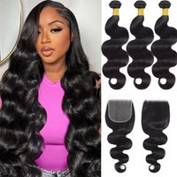 12A Human Hair Bundles with Closure Body Wave Bundles with 4x4 Lace Closure Weave Wavy Human Hair Extensions