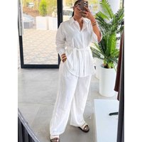 Spring and Summer Female Clothing Two Piece Outfits Woman White Long Sleeve Waist Slimming Shirt and Trouser Casual Pant Sets