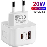 Suitable for Apple Mobile Phone PD Fast Charge Android European Standard Charging Head 20W Dual-Port USB + Type-C Charging Port