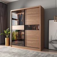 Nordic Walnut Sliding Door Wardrobe Modern Minimalist Glass & Wood Closet with Large Capacity for Small Bedroom furniture
