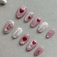 Ten elegantly hand-pressed oval false nails, featuring a charming pink-and-white 3D heart design, perfect for ladies.
