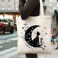 Crescent Moon Cat Mushroom Star Celestial Print Canvas Tote Bag Cottagecore Witchy Reusable Shoulder Bag For Library Outdoor