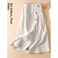 High-End Cotton Linen A-Line Midi Skirt Women's plus Size Loose Slimming Casual Artistic Style Summer Skirts for plus Size