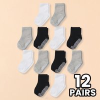 12 Pairs Baby Walking Socks Anti-Slip Dots Gym Floor Socks for Toddlers in Black White Grey Colors - Socks for Kids to Walk