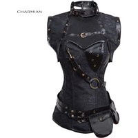 Charmian Steampunk Corset Black Women Retro Steel Boned Plus Size Leather Corset Top with Belt Bustier Halloween Gothic Clothes