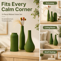 3Pcs Ribbed Vase Textured Craft Matte Green 3D Printed PLA Vase Wabi Sabi Minimalist for Entryway Living Room Shelf Dried Flower