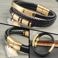 New Gold Beads Charm Men Bracelet Stainless Steel Magnetic Buckle Braided Mutilayer Leather Wrapped Bangles Women Jewelry Gift