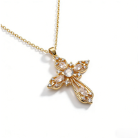 Trendy Gold Vintage Cross Pendant, Sparkling Clear CZ Jewelry, Elegant Daily Wear & Gift Clavicle Chain for Women Girls