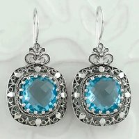 Fashion Bohemia Style Hand Carved Hollow Inlaid Blue Synthetic Zirconia Square Dangle Earrings Women's Exquisite Banquet Jewelry