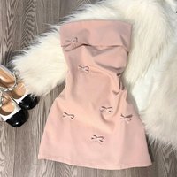 Korean style pink stereoscopic bow strapless dress female spring summer pure wind spice girl waist skirt