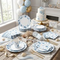 Fresh Coastal Seashell Themed Paper Tableware, Decor Supplies for Beach Party, Birthday, Picnic & Backyard BBQ