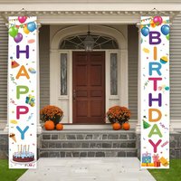 2 pieces, multi-color theme entrance birthday banner, with balloons, cake and gift design couplets