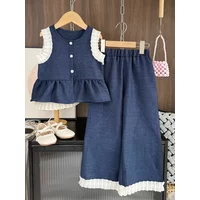 Summer Blue Girls Suit Lace Splicing Sleeveless Single Breasted Top+Pants 2-piece Set Fashionable New Plain Children's Clothing