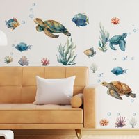 Watercolor Sea Turtle Wall Decals, Ocean Life with Fish & Coral Vinyl Stickers for Home Decor