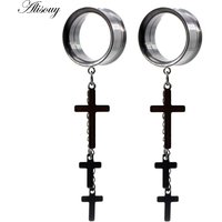 Alisouy 1pc Stainless Steel Cross Chain Dangle Thread Flared Ear Plug Tunnel Expander Stretcher Gauges Piercing Body Jewelry