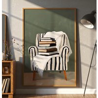 Cozy Reading Nook Wall Art Stack of Books on Chair Canvas Print Neutral Aesthetic Decor Book Lover Minimalist Literary Artwork