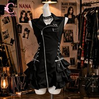 Gothic Lolita Punk Mini Dress Women Sleeveless High Waist Zip Up Ruffle Tiered Cake Skirt Gothic Cross Harajuku Fashion Outfit