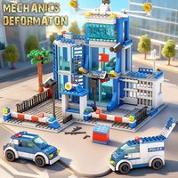 City police station building block group boys DIY car bricks police station command center building children's education toys
