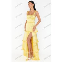 LOVE DORIS 2026 Bridesmaid Dress Yellow Party Dress Ruched Criss-Cross Boat Neck Sleeveless Tiered Prom Dress A-Line Customized