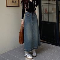 High Waist A-Line Midi Denim Skirt for Women Vintage Frayed Hem Pear Shape Body Type Spring Tall Size Half Body Long Skirt