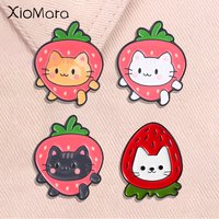 Cartoon Strawberry Cats Enamel Pins Cute Orange Black White Kitten Fruit Animal Brooch Lapel Badge Jewelry Gift for Friends