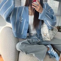 Retro Lazy American Vertical Stripes V-neck Loose Open Cardigan Sweater Women's Loose Fit Style Casual Outerwear Coat