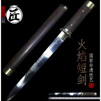 Chinese Short Flame Pattern Tang Sword Manganese Steel Alloy Fittings & Pear Wood Scabbard Longquan Sword Home Decor