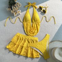 2026 New Style Women's Three Piece Bikini Sets Halter Triangle Bikini Swimsuit with Cover Up Solid Swimwear V Neck Beach Wear