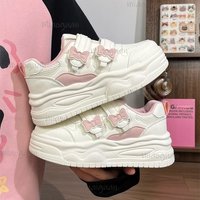 Cute Bow Decor Platform Sneakers Hook & Loop Strap Chunky Sole Casual Shoes for Woman Kawaii Comfortable Sweet Dad Sneakers