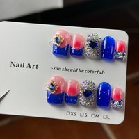 10pcs high-end The crane expands with blue and pink, glittering with diamonds and a three-dimensional heart handmade French Tip