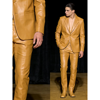 Fashion Khaki Leather Men Suit Set 2 Pcs Blazer+Pants Trousers Wedding Tuxedos Formal Office Business Jacket Coat Customized