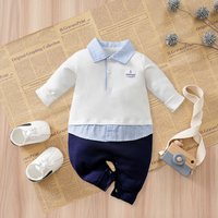 Newborn Baby Boys And Girls Spring Autumn Fake Owo‑Piece Long Sleeve Romper Pure Cotton Soft Breathable Daily Jumpsuit 0‑18M