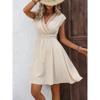 Women V-Neck Lace Trim Sleeveless Swiss Dot Smocked Waist Mini Dress Summer Boho Cutout A Line Dresses