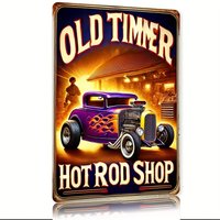 Vintage "Old Timer Hot Rod Shop" Metal Sign - Rustic Iron Wall Decor with Classic Car Illustration, for Home, Bar, Cafe, Garage,