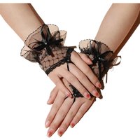 Lace Short Gloves for Women Bridal Wedding Lolita Style Mesh Hand Sleeves with Handmade Ribbon Bow And Hook Finger Glued