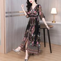 2025 Summer Luxury Silk Diamonds Maxi Dress Women's Vintage Print Elegant Evening Prom Dress Spring Holiday Boho Hepburn Vestido