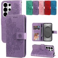 Magnetic Leather Wallet Flip Case for Samsung Galaxy S26 S25 S24 S23 S22 S21 Ultra Edge Plus FE | Embossed Flower | Premium Case