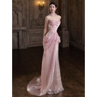 Pink Sequin Bridal Gown with Strapless Heavy Embroidery Fish Tail Evening Dress for Women Wedding Engagement Party Celebration