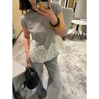 Elegant Lace Splice Short Sleeve Knitted round Neck Pullover Summer Color Block Neckline Women's Top Korean Style Straight Cut