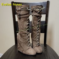 Wedge Cross Tied Retro Boots Round Toe Buckle Strap Side Zip Faux Suede Women Patchwork Knee High Boots Street Style 2025 New