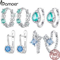 Bamoer 100% 925 Sterling Silver Original Blue Green Zircon Earrings Main Stone for Women Anniversary Wedding Fine Jewelry Gift
