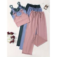 Women Ribbed Pajama Set Lace Trim Cami Top and Pants Sleepwear Soft Breathable Button Front Loungewear