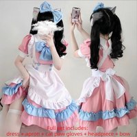 Girls' Cute Pink Lolita Maid Dress Set - Anime Cosplay Performance Outfit with Apron, Bows, Cat Claws & Hair Accessories