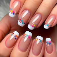 24pcs White French Fake Nails Colorful Dot Full Cover Nail Mid-length Ballet Wearable False Nail Press on Nails Sets Finished