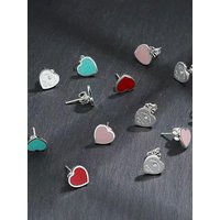 S925 Sterling Silver Heart Shaped Earrings Enamel Simple Style Women's Fashion Jewelry Cute Small Size Ear Cuff Pair Set