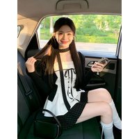 Korea Chic Patchwork Design Party Sets Loose Cardigan Jacket + Lace Bow Camisole Top + Mini Skirt Sweet Three-piece Set Women