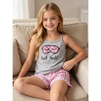 Girls' fashionable home clothes summer, girls' outdoor leisure letter sleep eye mask pattern top vest checkered shorts