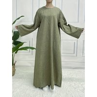 Women's casual and elegant Ramadan round neck long sleeved solid color loose waist Kaftan dress long skirt